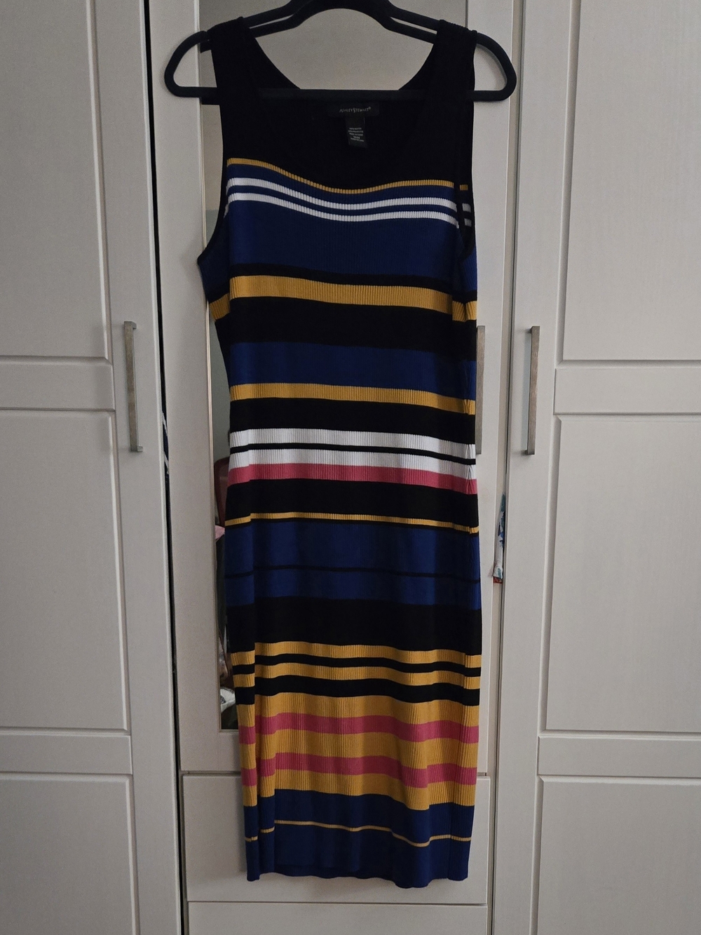 Ashley Stewart Striped Maxi Dress in Navy, Gold, White & Pink